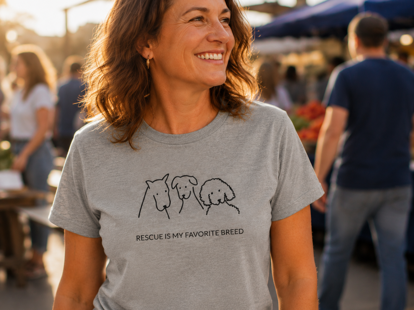 Rescue Is My Breed t-shirt featuring three dog breed outlines side by side