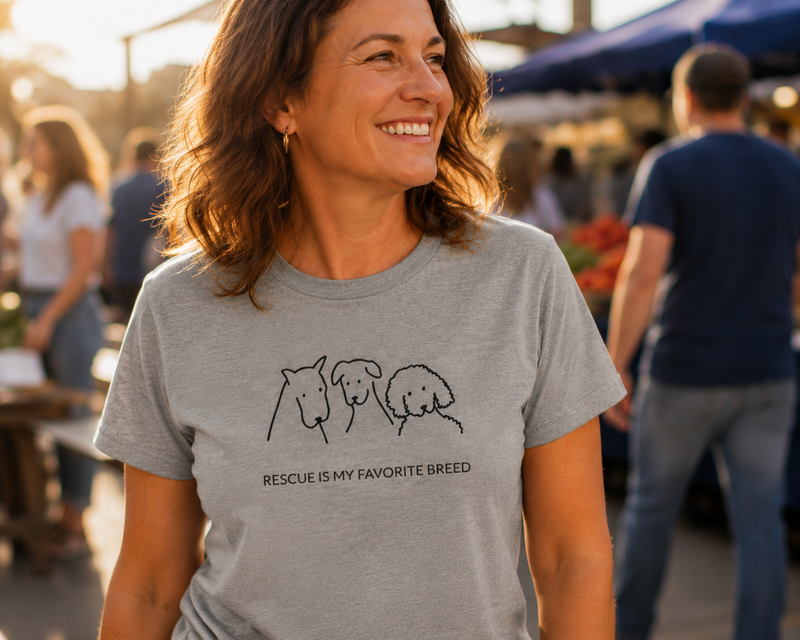 Rescue Is My Breed t-shirt featuring three dog breed outlines side by side