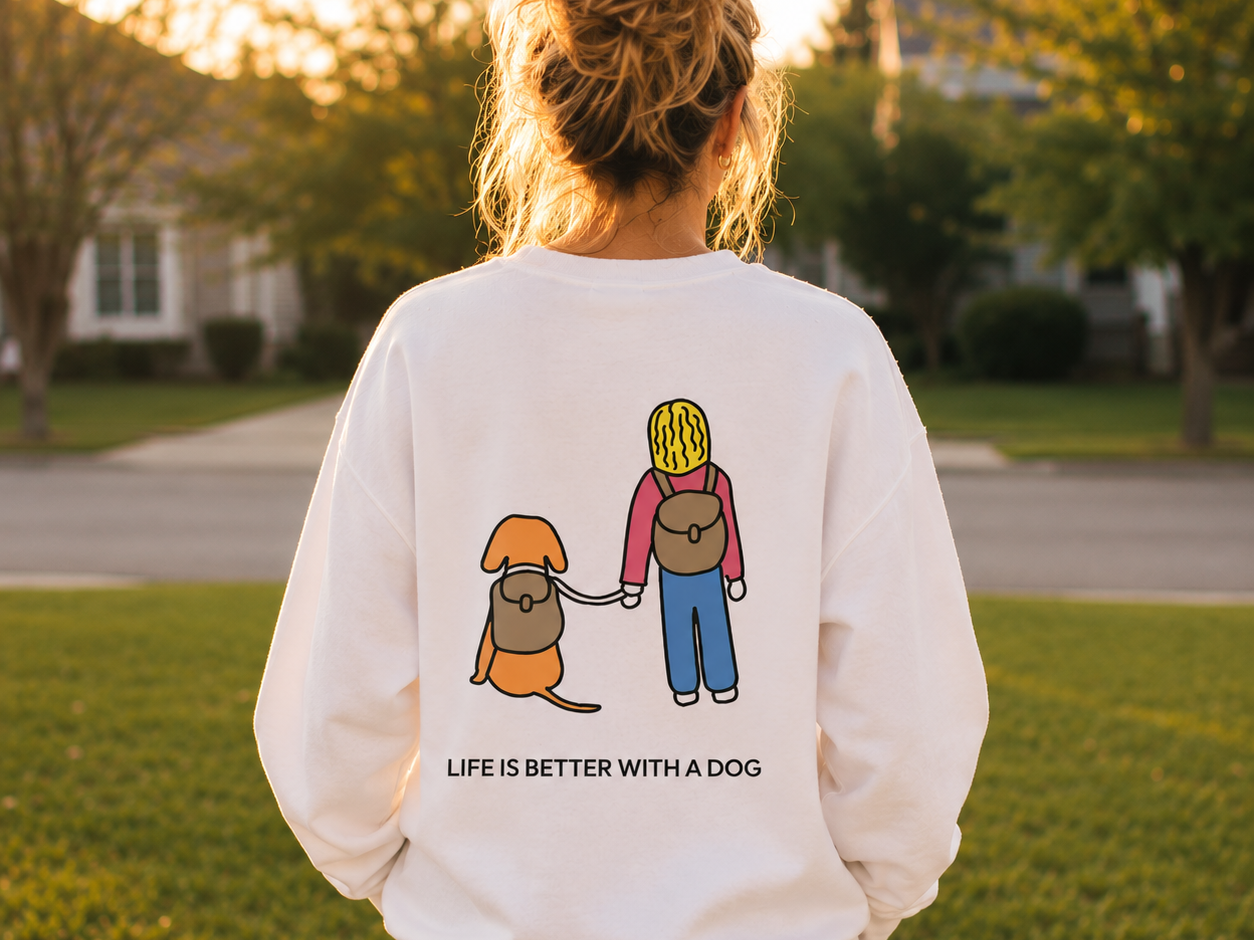 Dog Hiking color collection sweatshirt featuring a person and dog hiking past wildflowers