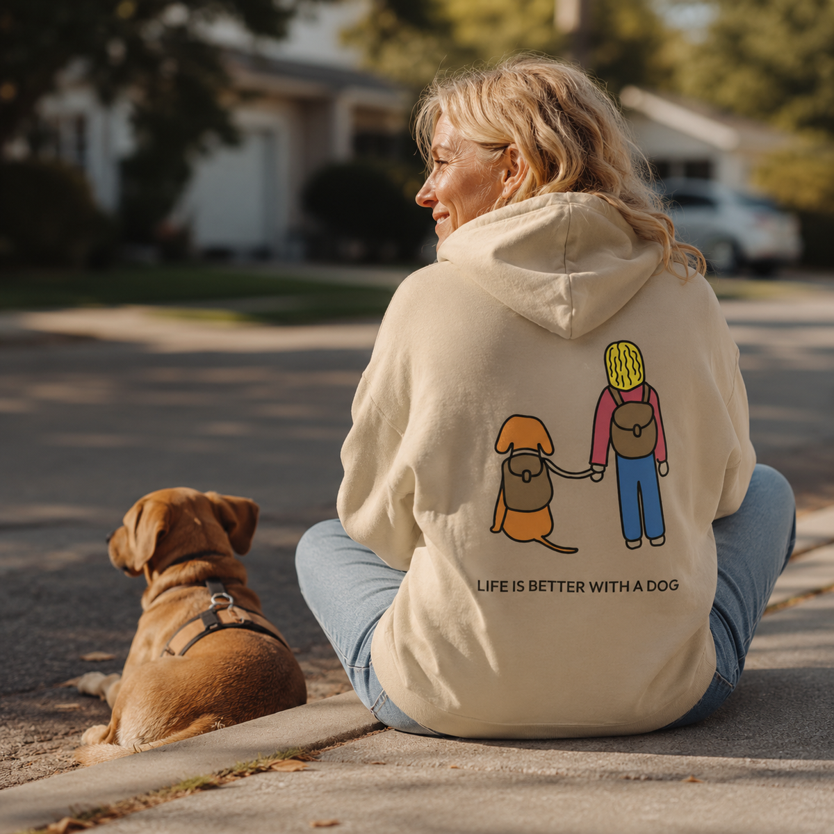 Life Is Better With A Dog -- Hiking (Back Print) | Morewoof Soft Fleece Hoodie | Color Collection