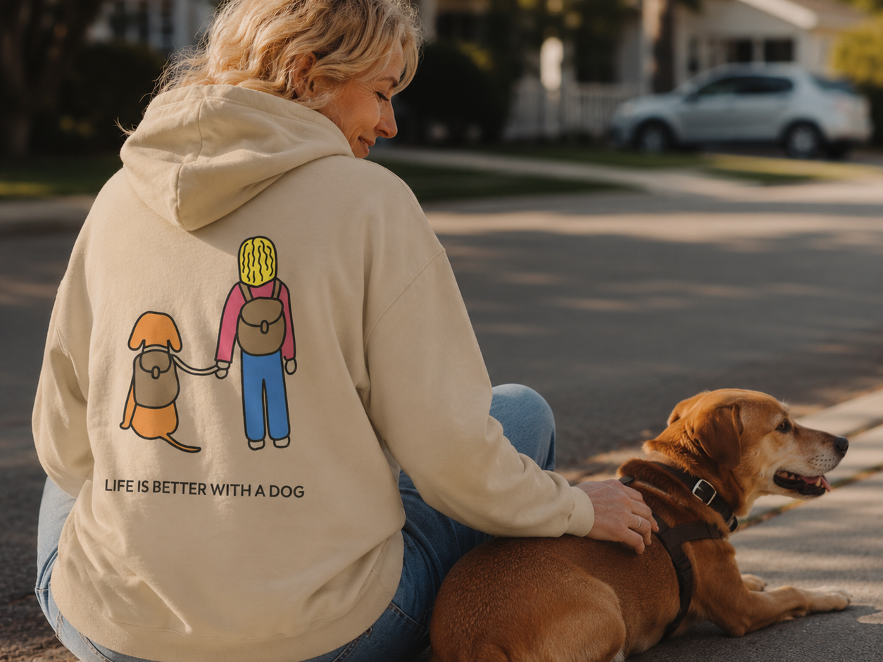 Dog Hiking color collection hoodie featuring a person and dog hiking past wildflowers