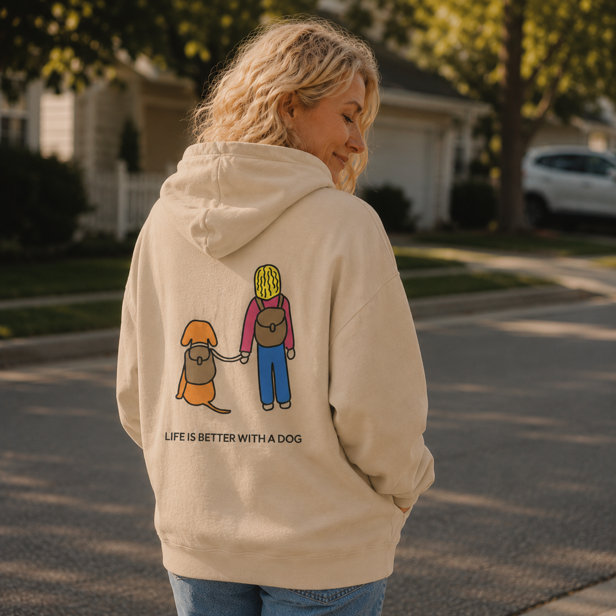 Life Is Better With A Dog -- Hiking (Back Print) | Morewoof Soft Fleece Hoodie | Color Collection