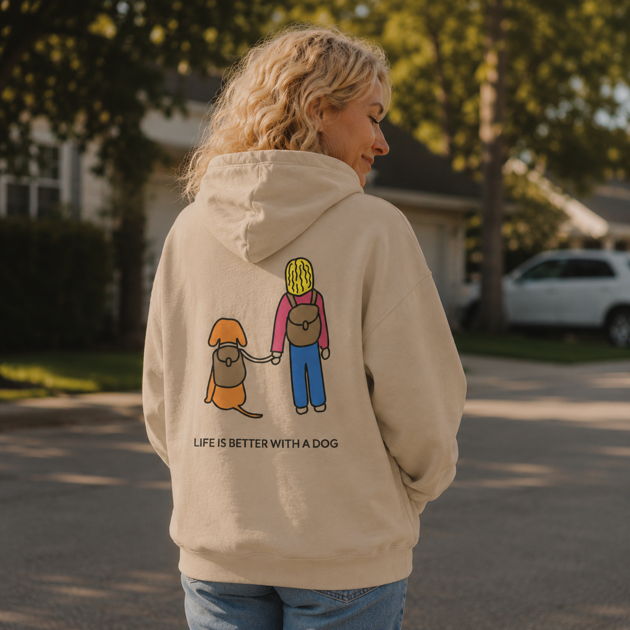 Life Is Better With A Dog -- Hiking (Back Print) | Morewoof Softstyle Fleece Hoodie | Color Collection