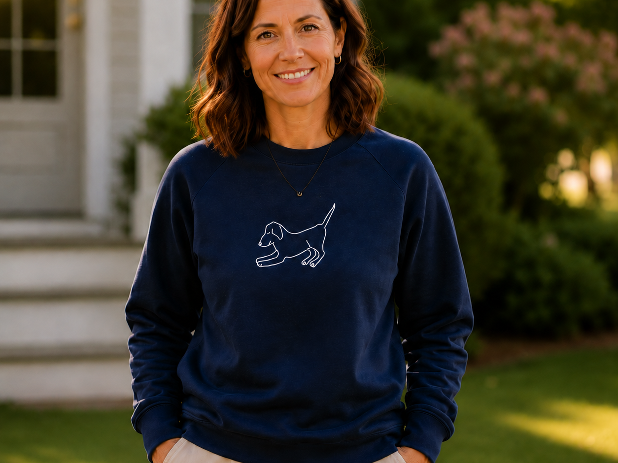 Downward Dog sweatshirt featuring a dog stretching in a play-bow pose