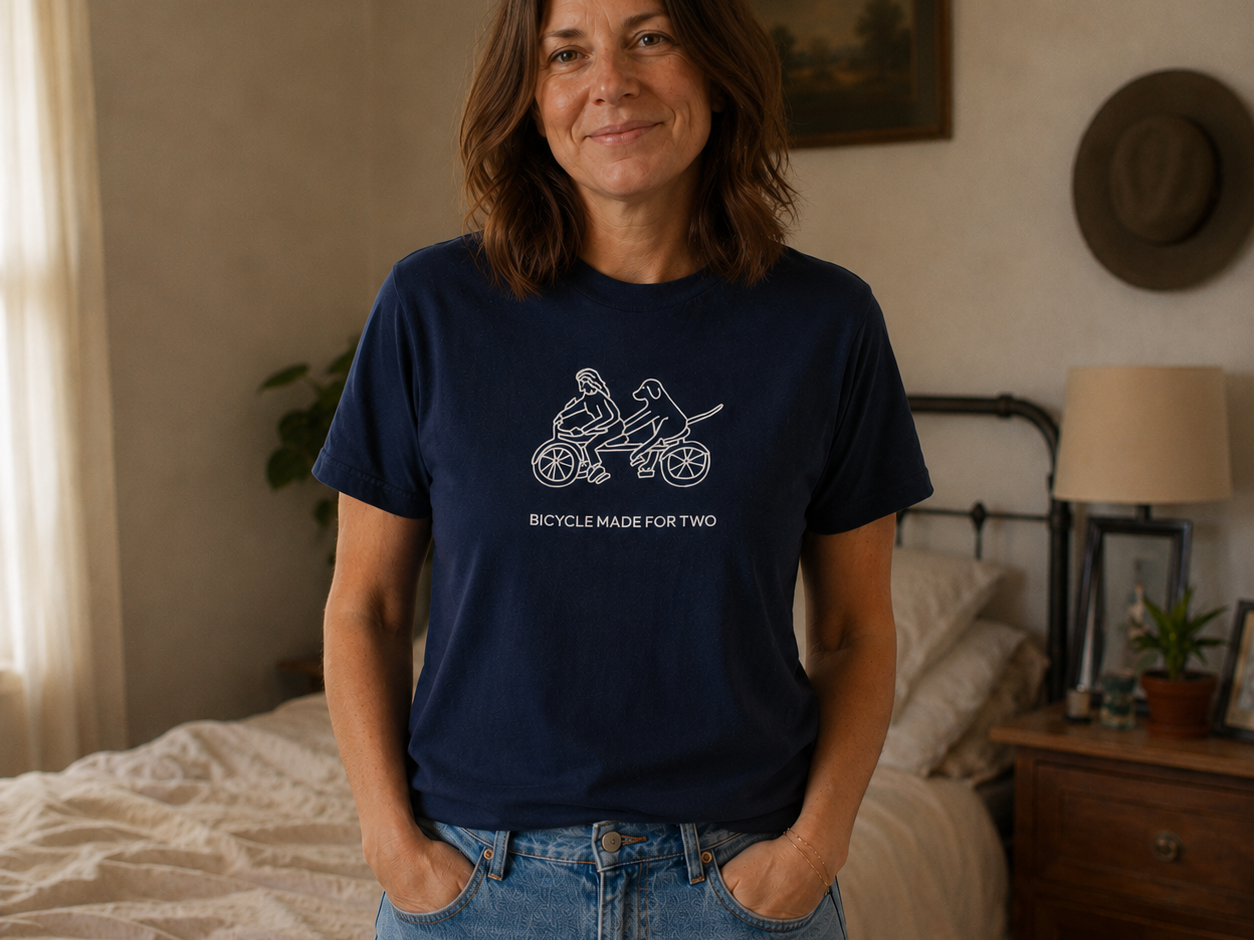 Bicycle For Two t-shirt featuring a person riding a tandem bike with a dog