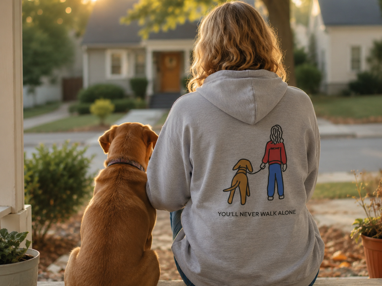Never Walk Alone color collection hoodie featuring a person walking their dog on a leash