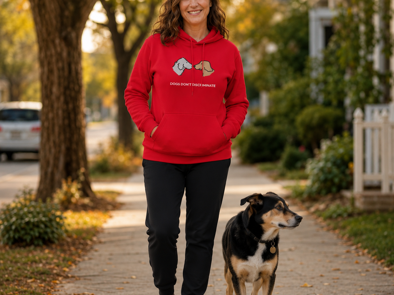 Dogs Don't Discriminate hoodie featuring two dog breeds touching noses