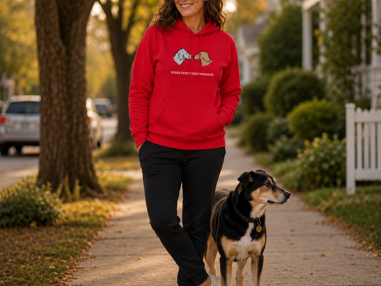Dogs Don't Discriminate sweatshirt featuring two dog breeds touching noses