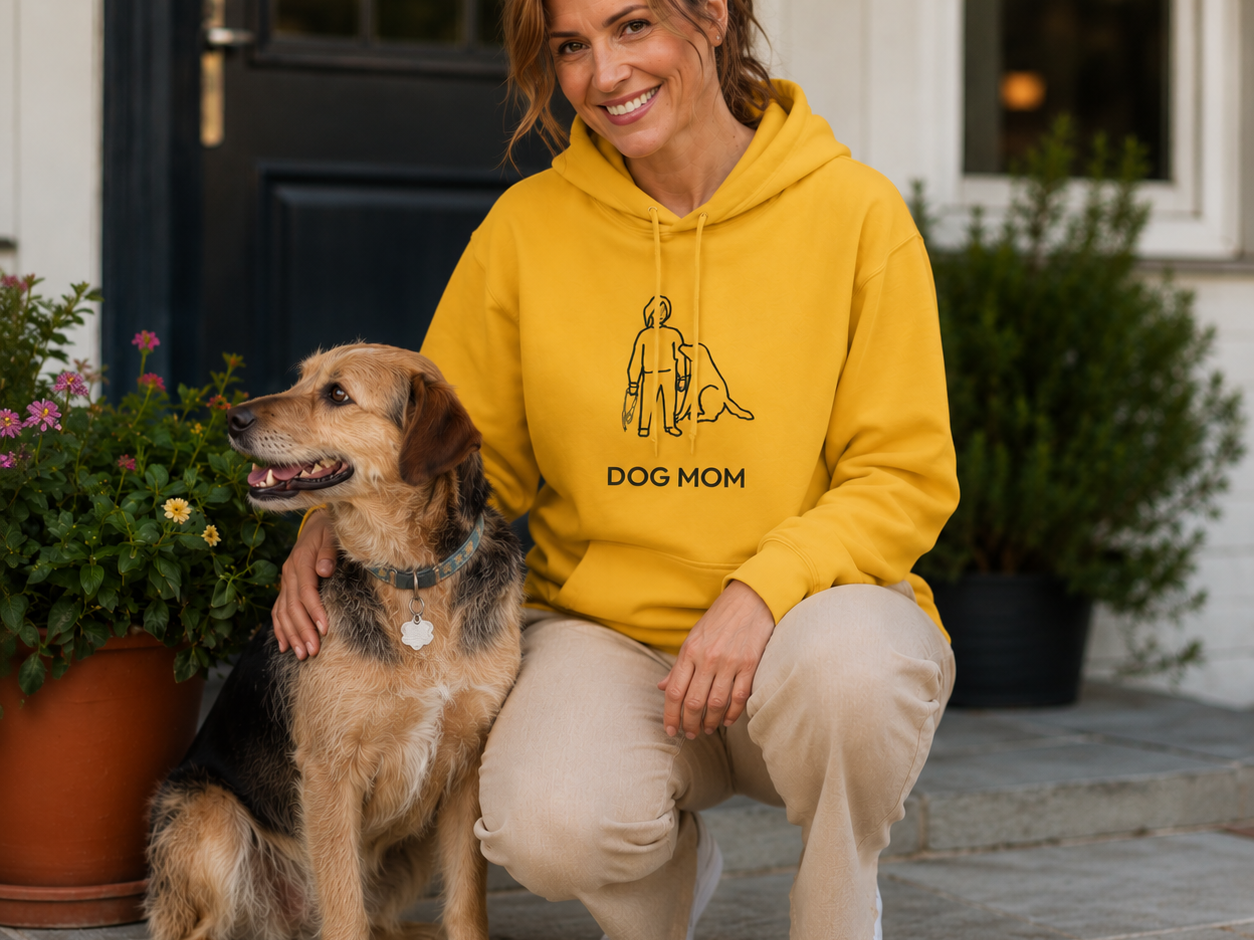 Dog Mom hoodie featuring a woman standing beside her dog