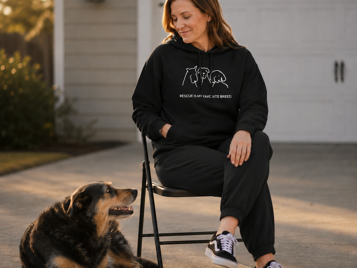 Rescue Is My Breed hoodie featuring three dog breed outlines side by side