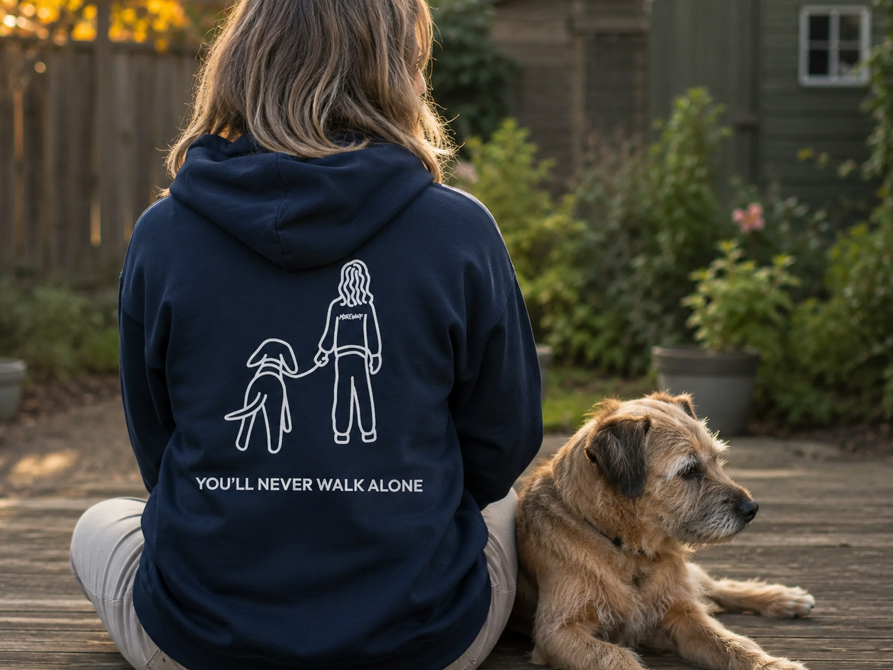Never Walk Alone full zip hoodie featuring a person walking their dog on a leash