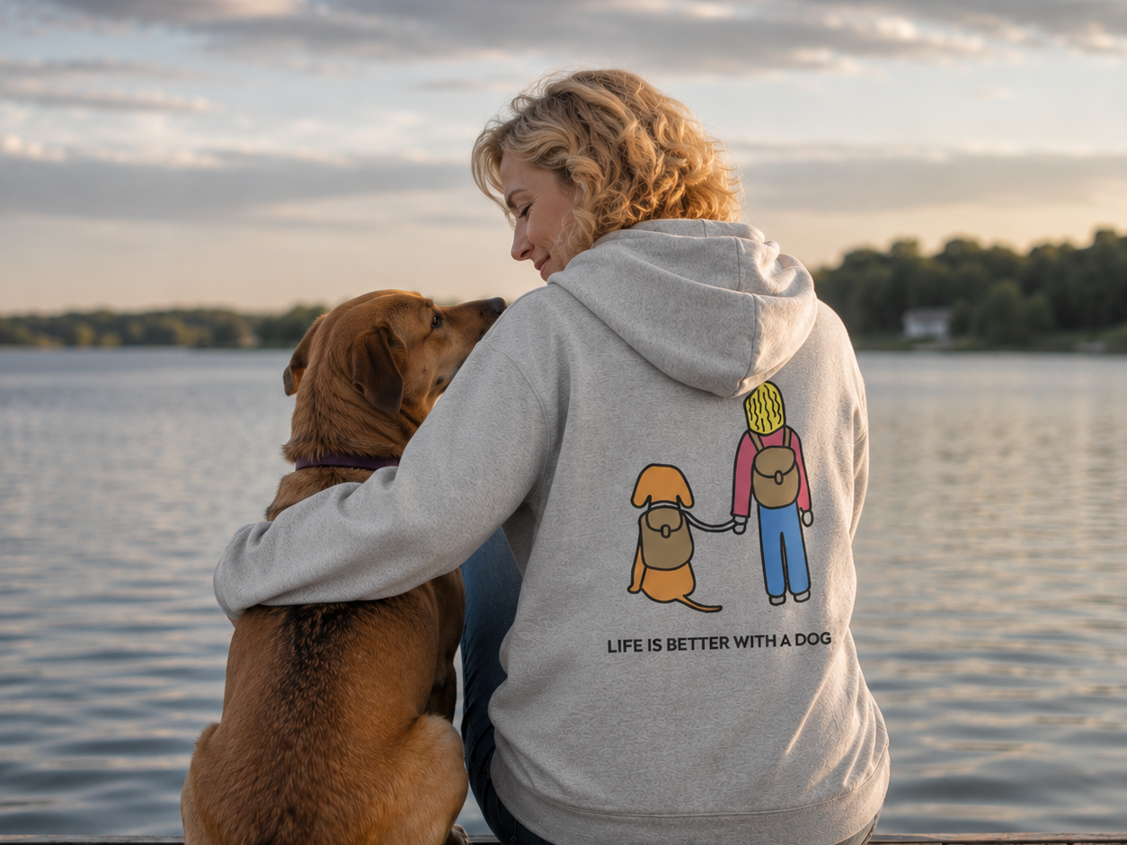 Life Is Better With A Dog -- Hiking (Back Print) | Morewoof Full Zip Hoodie for Dog Lovers | Color Collection