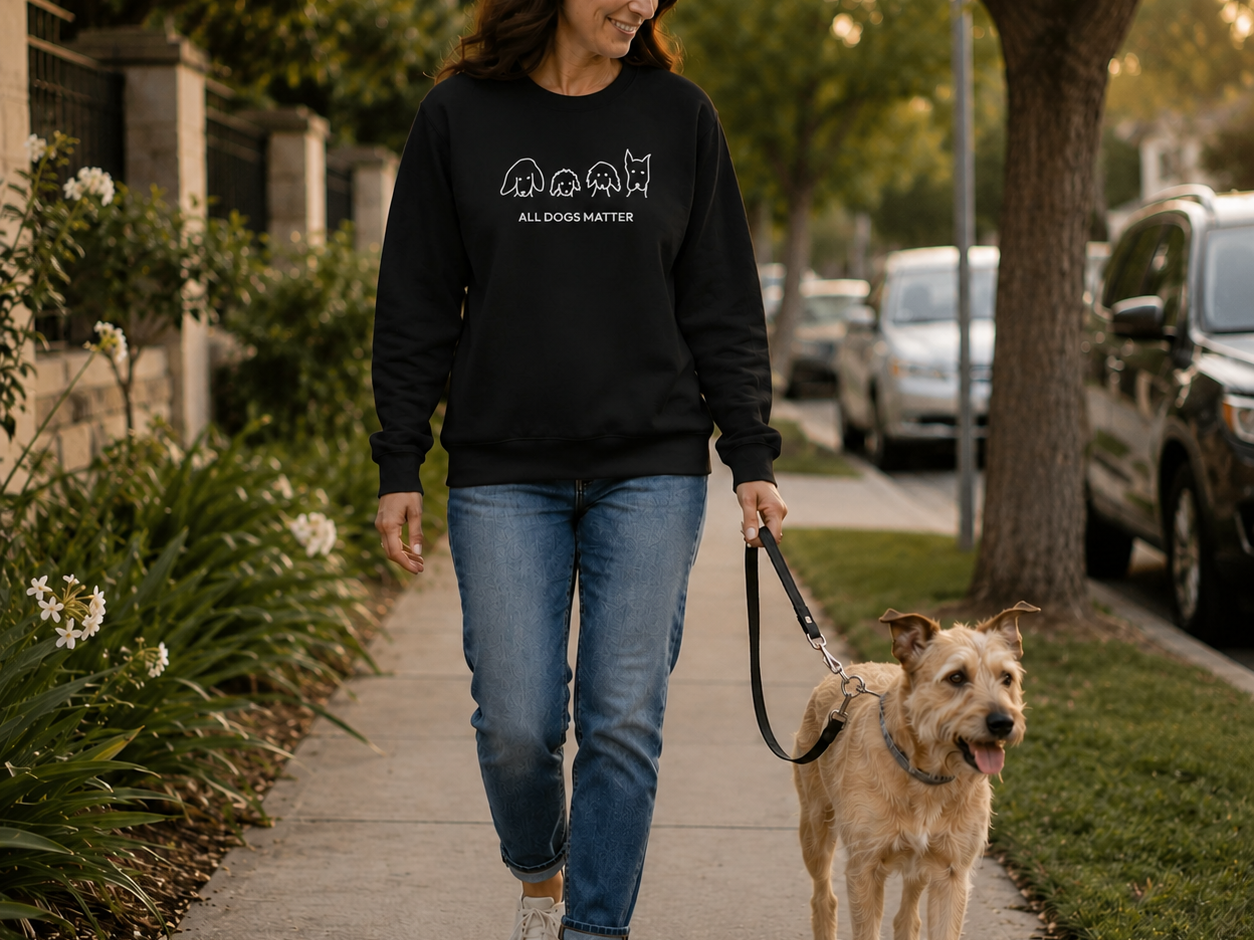 All Dogs Matter sweatshirt featuring four hand-drawn dog heads beside the words