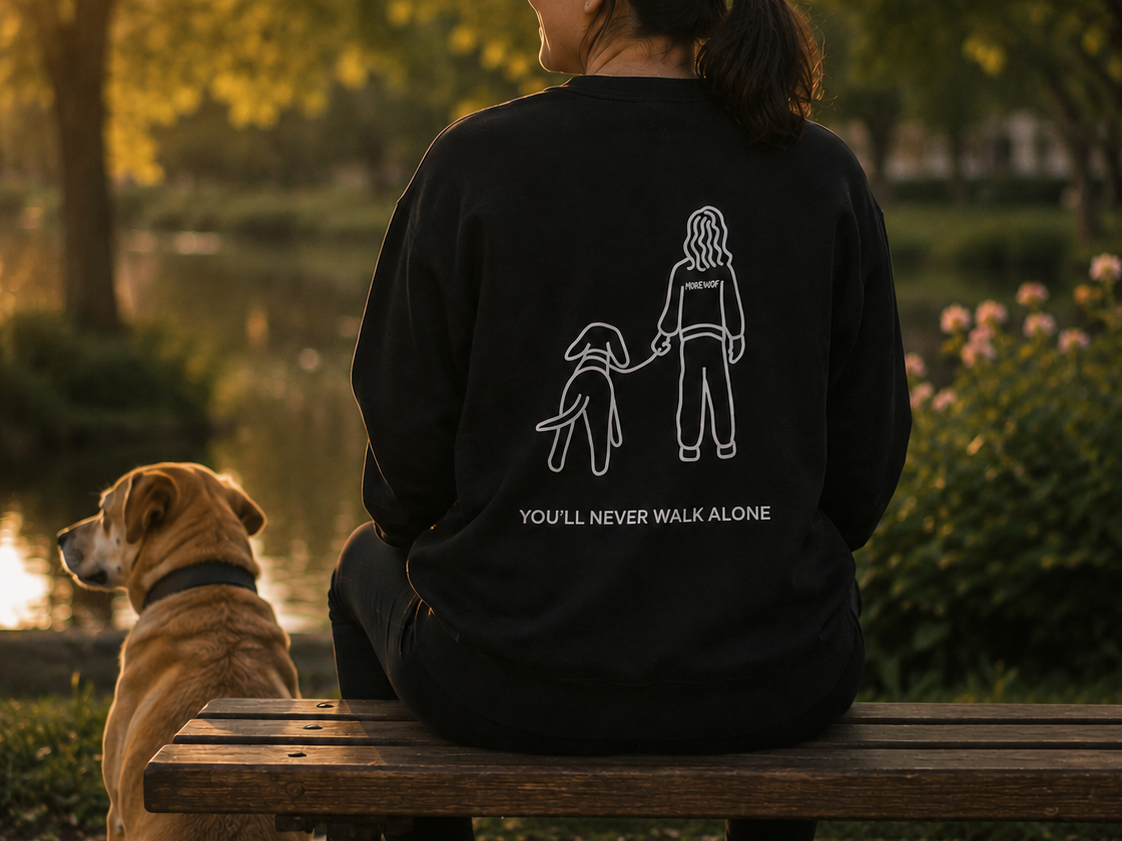 Never Walk Alone sweatshirt featuring a person walking their dog on a leash