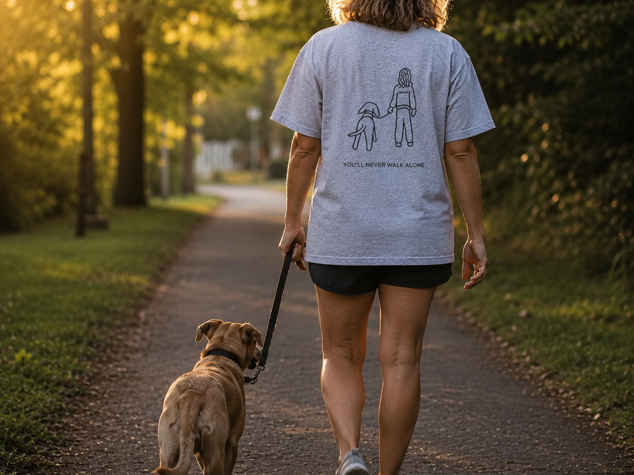 Never Walk Alone t-shirt featuring a person walking their dog on a leash