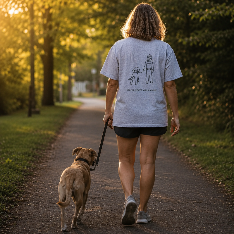 Never Walk Alone t-shirt featuring a person walking their dog on a leash