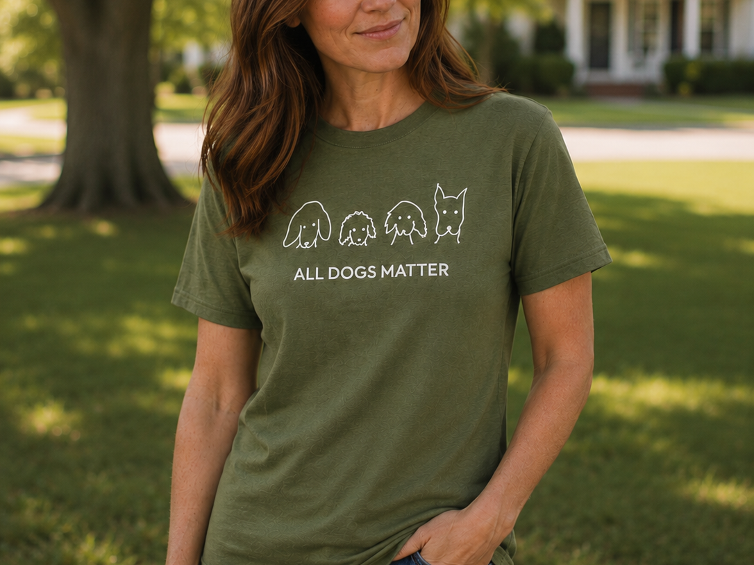 All Dogs Matter t-shirt featuring four hand-drawn dog heads beside the words