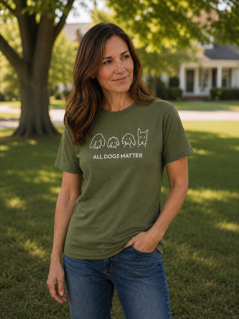 All Dogs Matter t-shirt featuring four hand-drawn dog heads beside the words