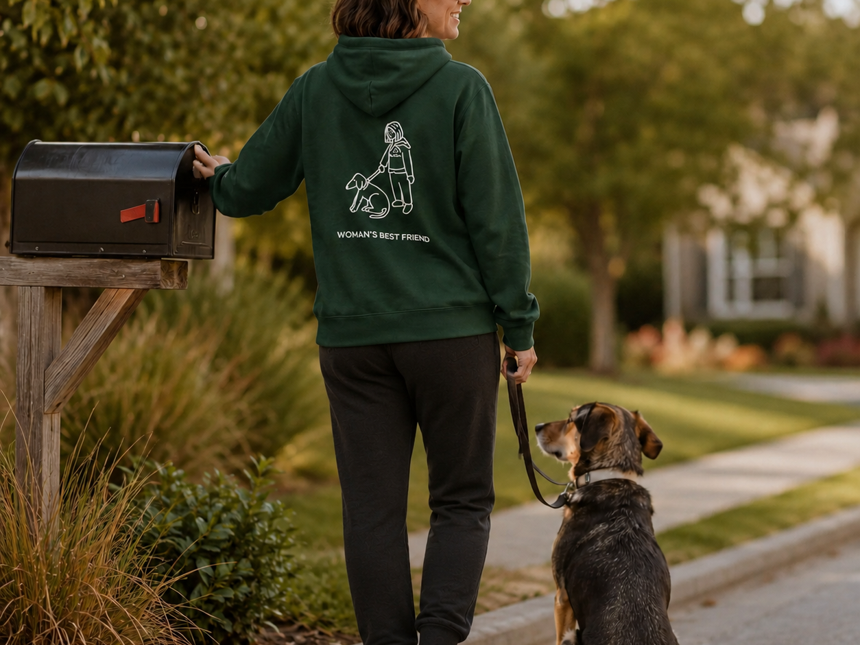 Woman's Best Friend hoodie featuring a woman walking her dog, seen from behind