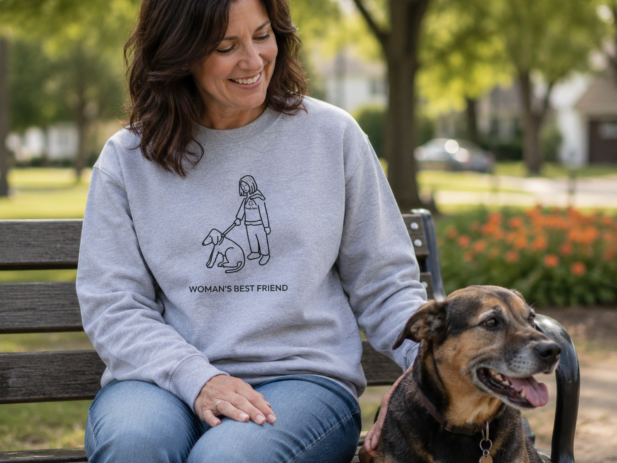 Woman's Best Friend sweatshirt featuring a woman walking her dog, seen from behind