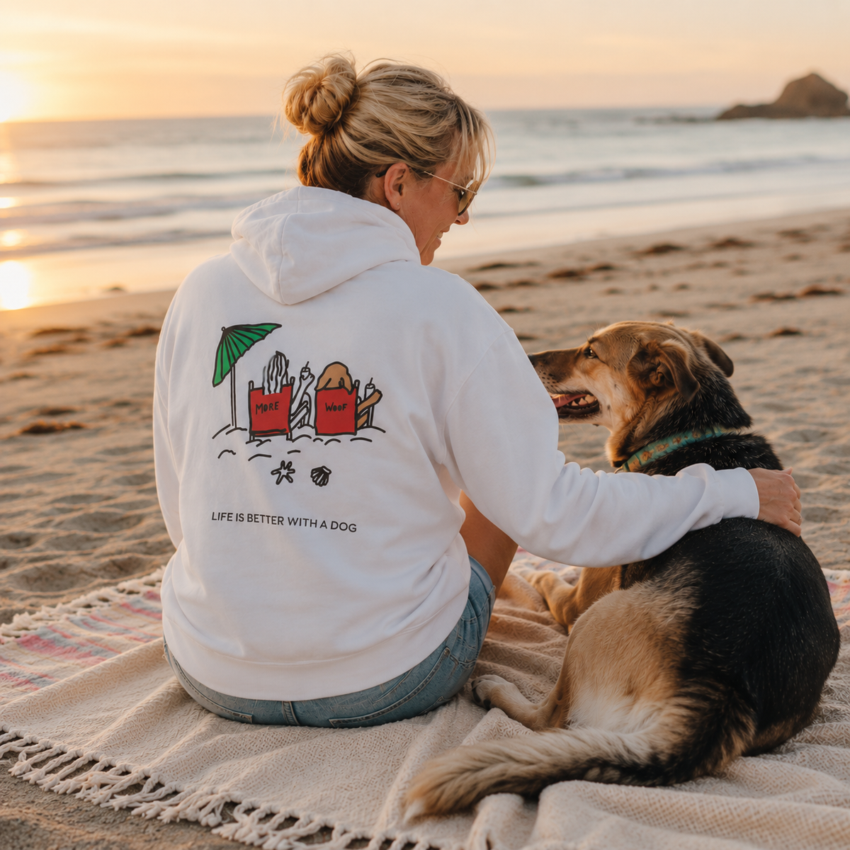Life is Better with a Dog -- Beach (Back Print) | Soft Fleece Hoodie | Color Collection | Life Is Better with A Dog Collection