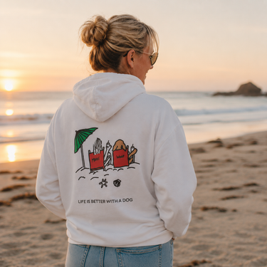 Life is Better with a Dog -- Beach (Back Print) | Softstyle Fleece Hoodie | Color Collection | Life Is Better with A Dog Collection