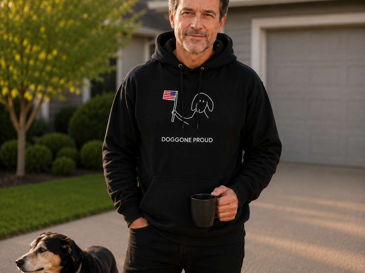 Doggone Proud hoodie featuring a dog holding a small flag
