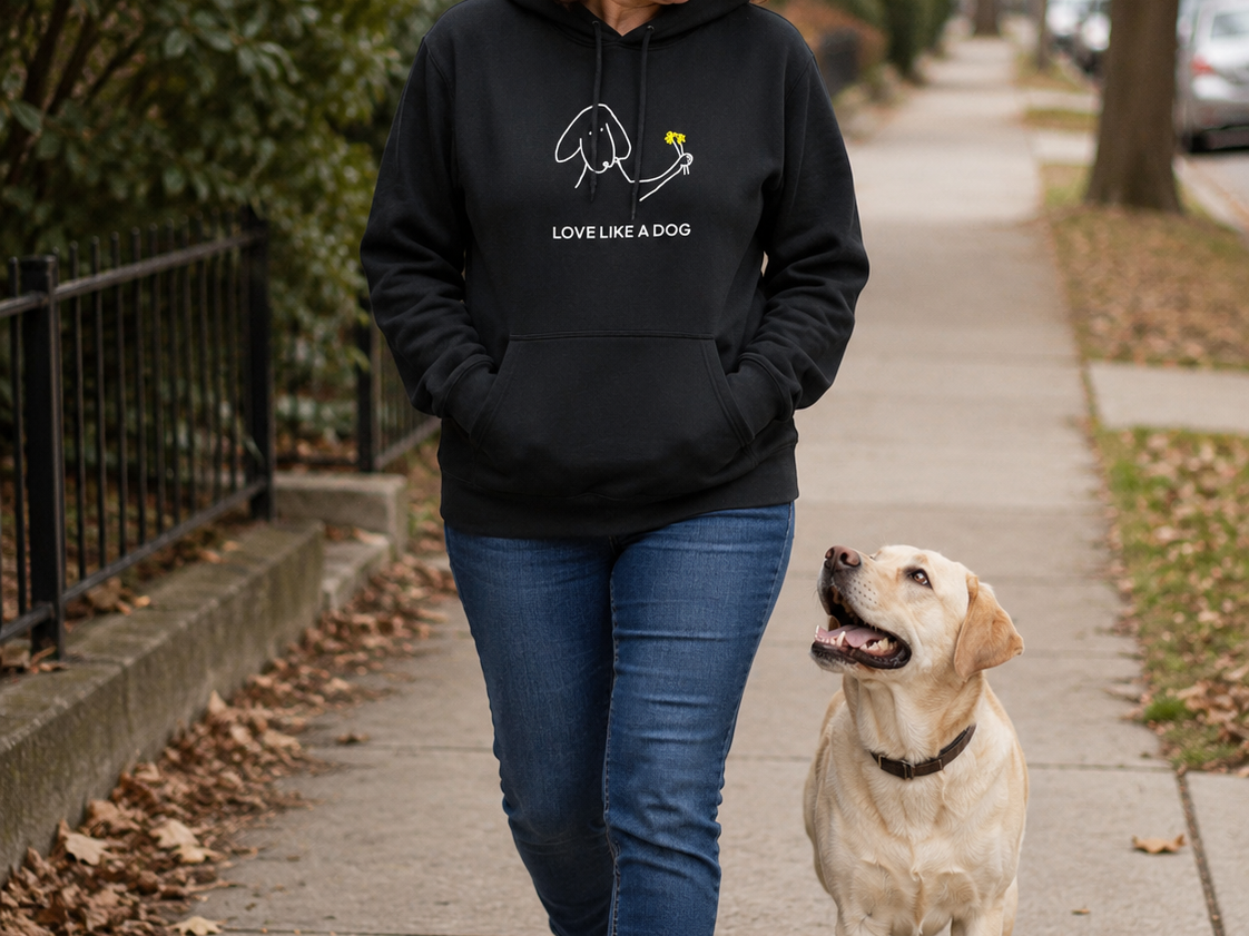Love Like A Dog hoodie featuring a dog holding flowers in its mouth