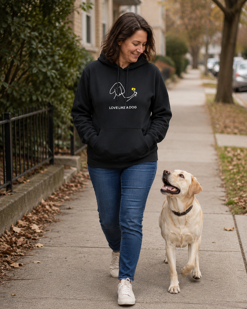 Love Like A Dog hoodie featuring a dog holding flowers in its mouth